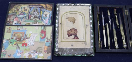 A miniature of a child, cased drawing set etc